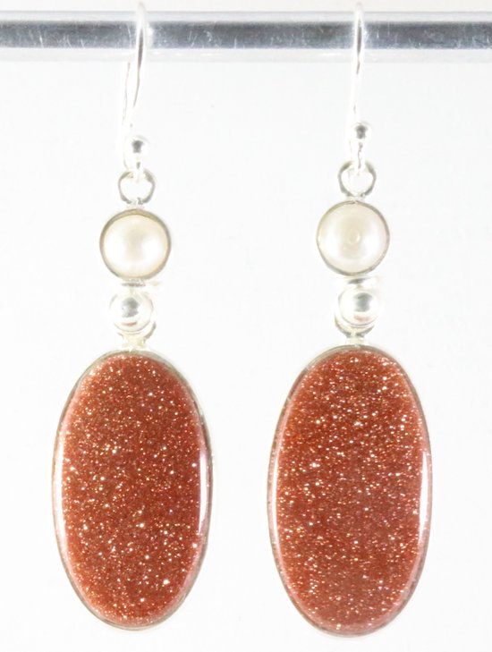 Lange zilveren oorbellen met goudsteen en parel afbeelding 1