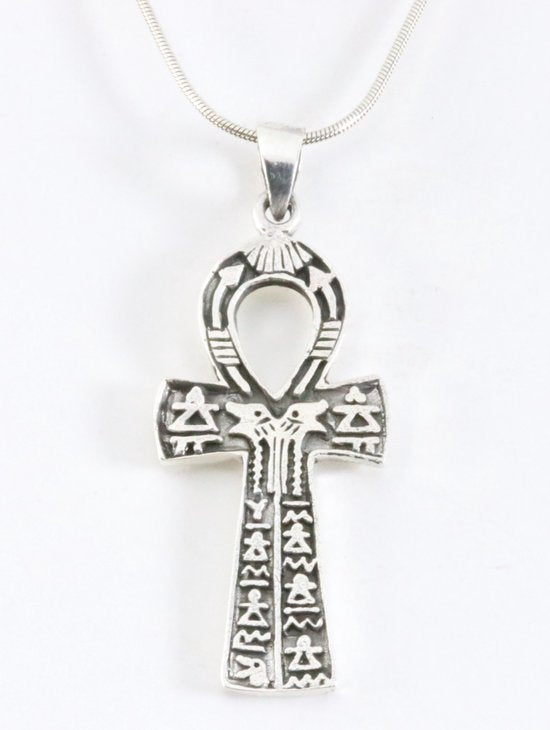 Bewerkte zilveren ankh hanger aan ketting afbeelding 1