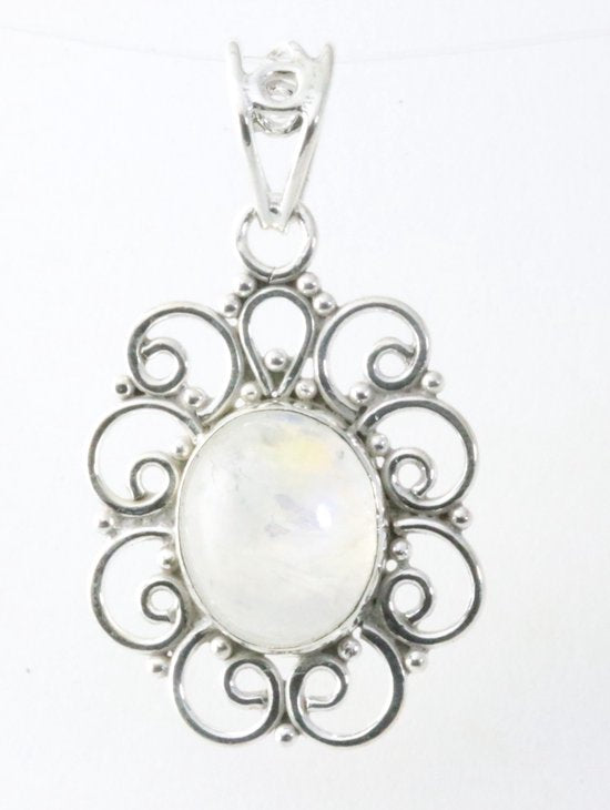 Opengewerkte zilveren hanger met regenboog maansteen afbeelding 1