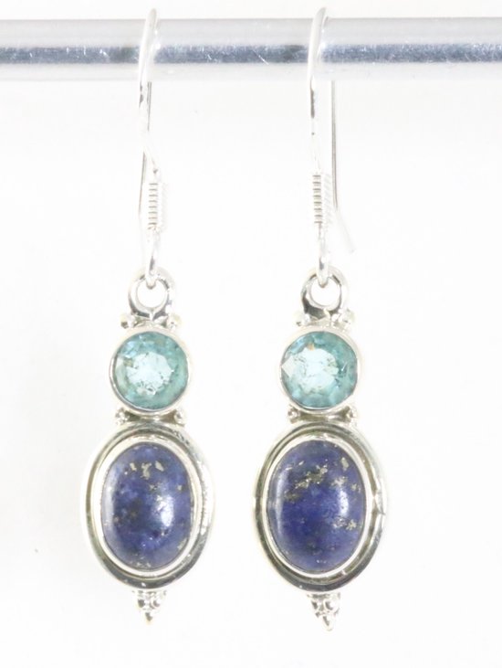Fijne bewerkte zilveren oorbellen met lapis lazuli en blauwe topaas afbeelding 4
