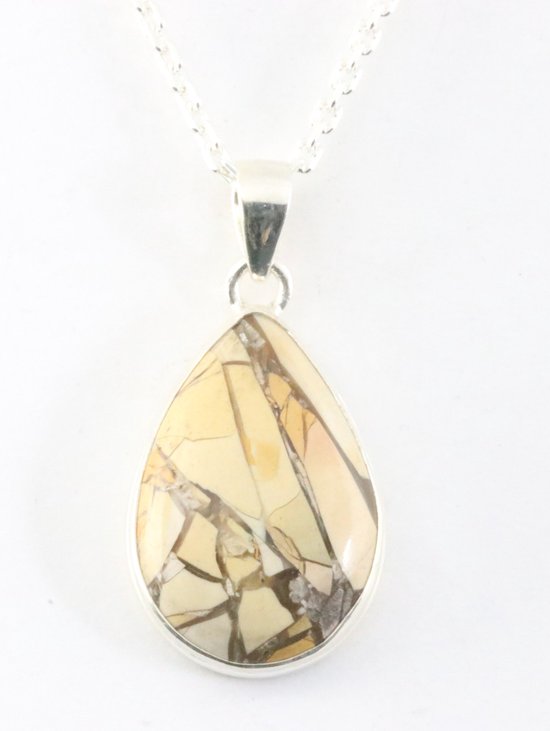 Druppelvormige zilveren hanger met brecciated mookaiet aan ketting afbeelding 1