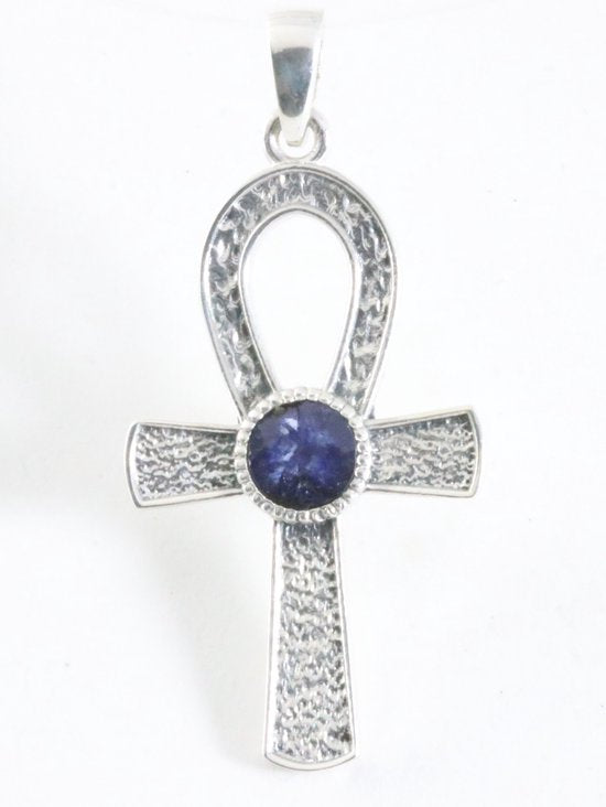 Bewerkte zilveren ankh hanger met blauwe saffier afbeelding 1