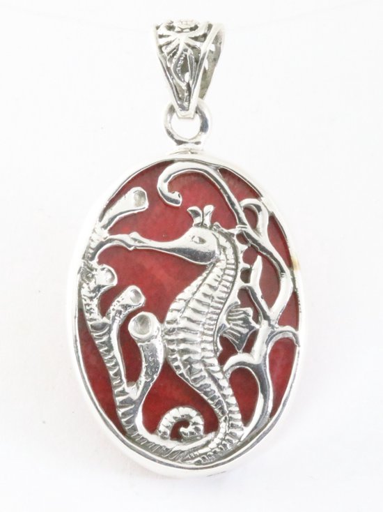 Ovale zilveren hanger met zeepaardje op rode koraal steen afbeelding 5