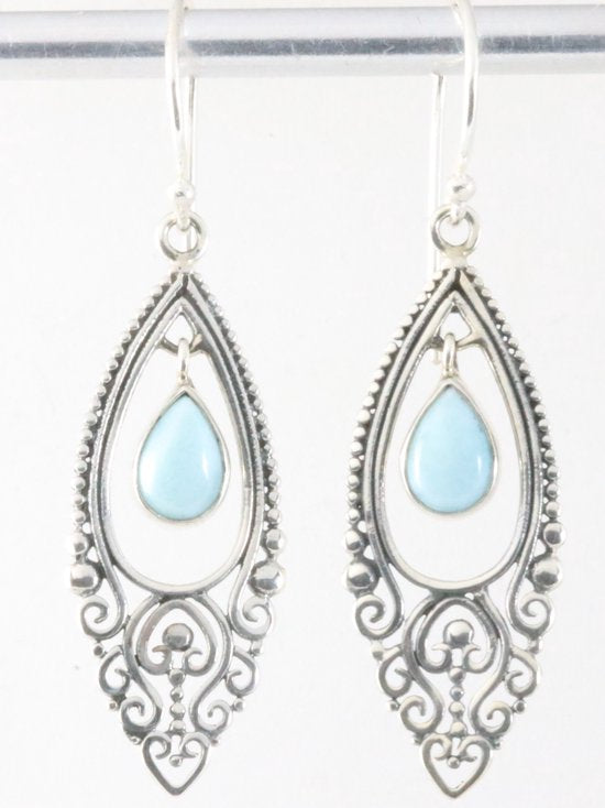 Lange opengewerkte zilveren oorbellen met larimar afbeelding 1