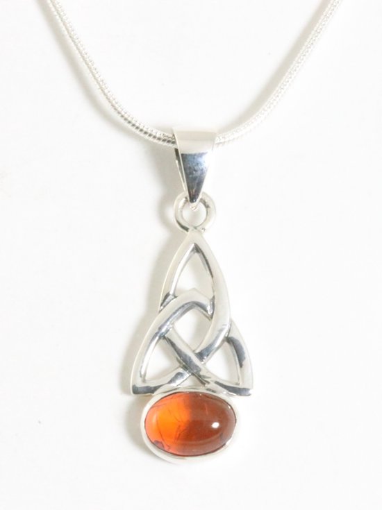 Fijne opengewerkte zilveren hanger met amber aan ketting afbeelding 1