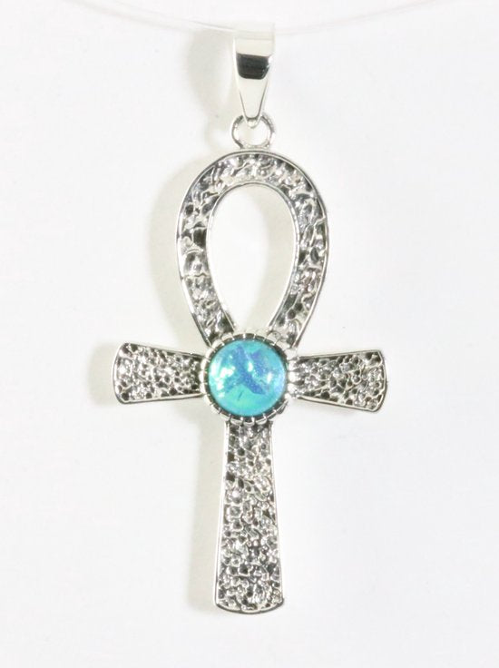 Bewerkte zilveren ankh hanger met blauwe opaal afbeelding 1