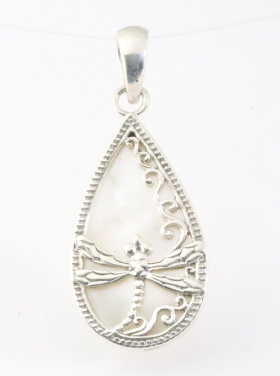 Druppelvormige zilveren hanger met libelle op parelmoer afbeelding 1