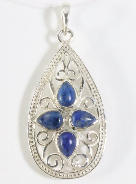 Langwerpige opengewerkte zilveren hanger met lapis lazuli afbeelding 1
