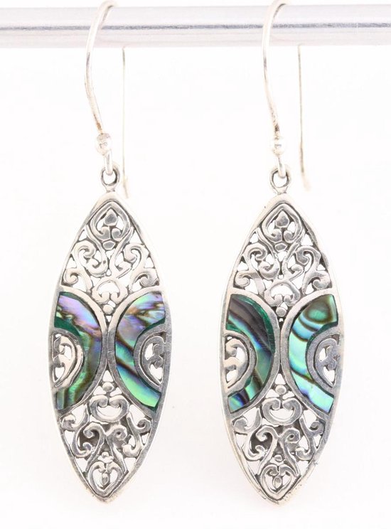 Lange bewerkte zilveren oorbellen met abalone schelp afbeelding 1