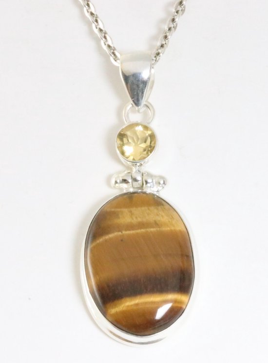 Zilveren hanger met tijgeroog en citrien aan ketting afbeelding 1