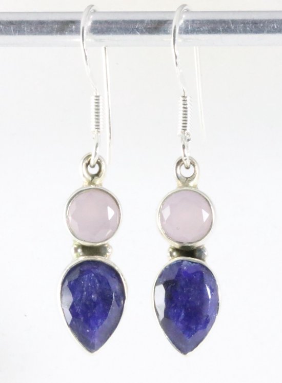 Fijne zilveren oorbellen met blauwe saffier en rozenkwarts afbeelding 1