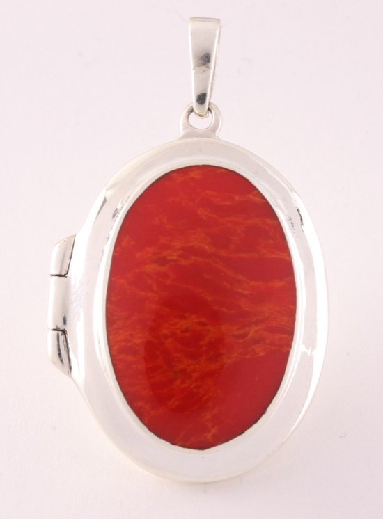 Ovaal hoogglans zilveren medaillon met rode koraal steen afbeelding 1