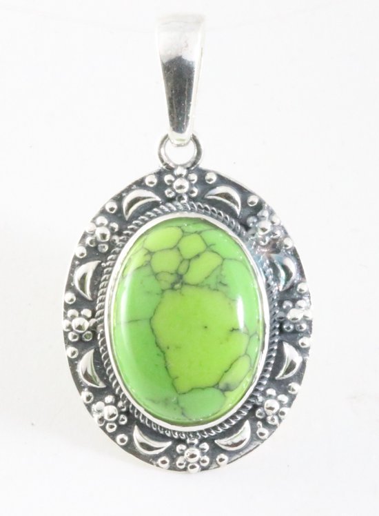 Bewerkte zilveren hanger met groene koperturkoois afbeelding 1
