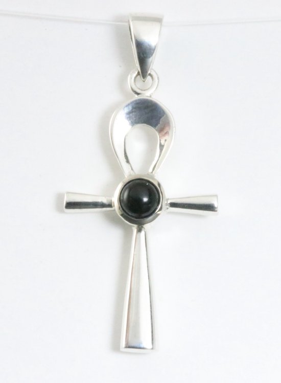 Fijne zilveren ankh hanger met onyx afbeelding 1