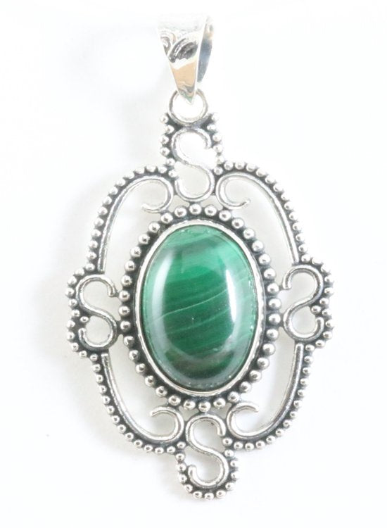 Opengewerkte zilveren hanger met malachiet afbeelding 1