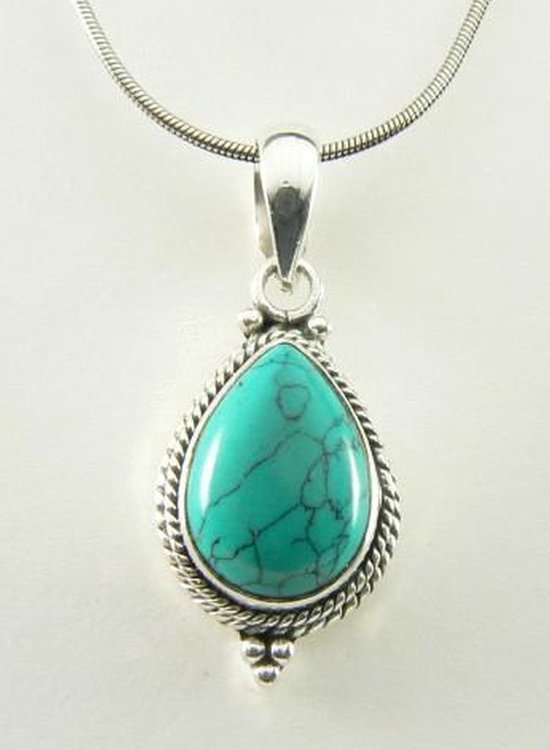 Fijne bewerkte zilveren hanger met turkoois aan ketting afbeelding 1