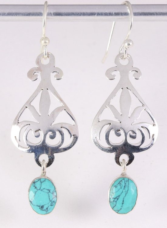 Lange opengewerkte zilveren oorbellen met turkoois afbeelding 1