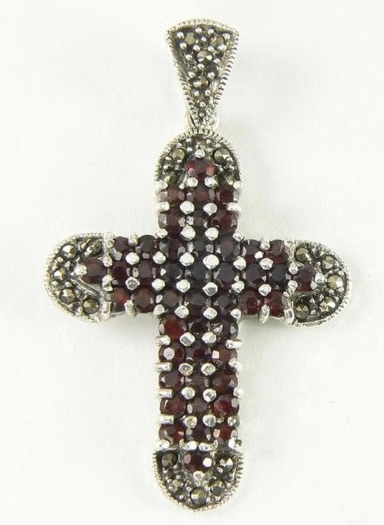 Zilveren kruishanger met granaat en marcasiet afbeelding 1
