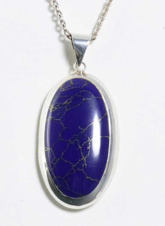 Grote ovale hoogglans zilveren hanger met lapis lazuli aan ketting afbeelding 1