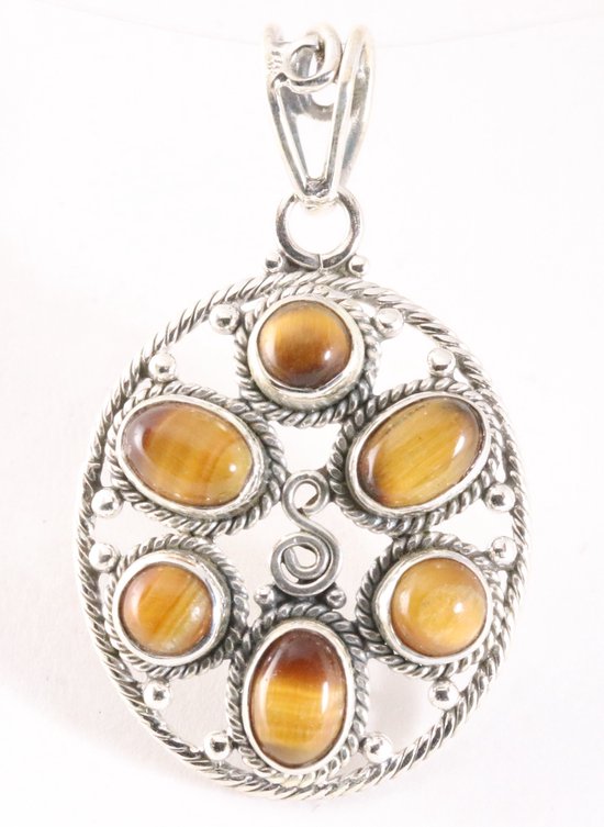 Grote opengewerkte zilveren hanger met tijgeroog afbeelding 1