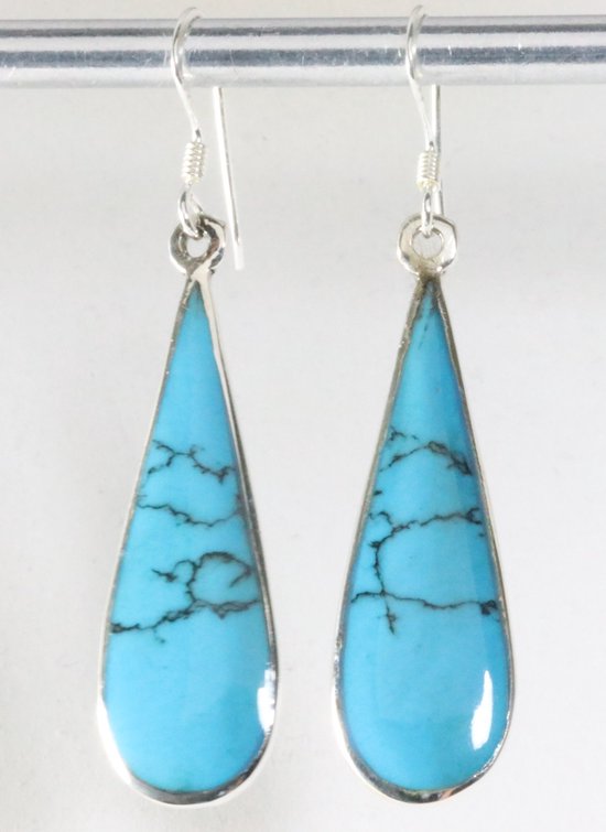 Lange druppelvormige zilveren oorbellen met blauwe turkoois afbeelding 1
