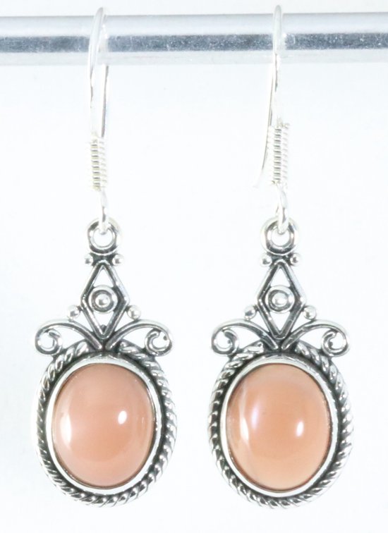 Bewerkte zilveren oorbellen met perzik maansteen afbeelding 1
