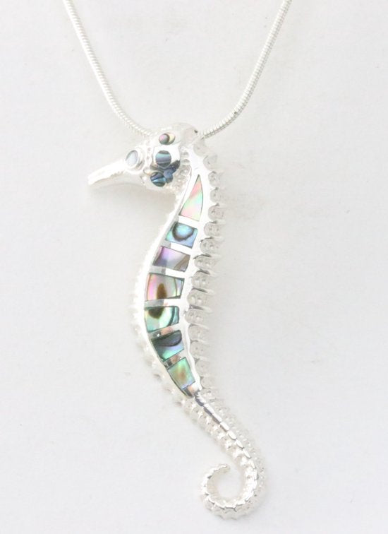Zilveren zeepaardje met abalone schelp aan ketting afbeelding 1