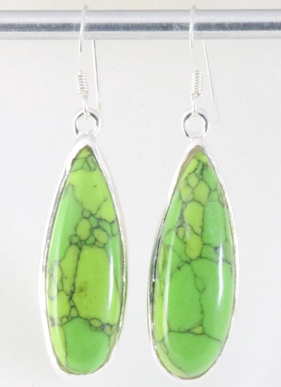 Lange zilveren oorbellen met groene koperturkoois afbeelding 1