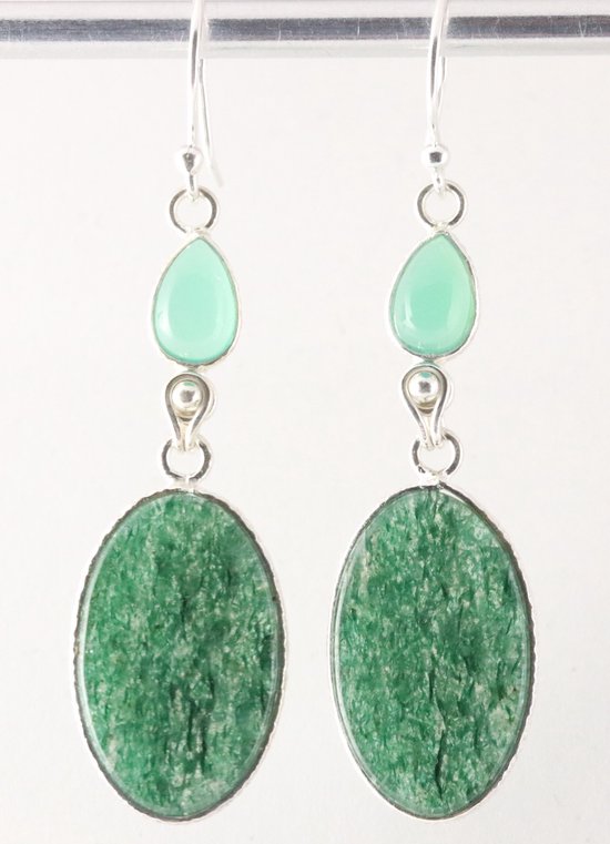 Lange zilveren oorbellen met mosagaat en groene chalcedoon afbeelding 1