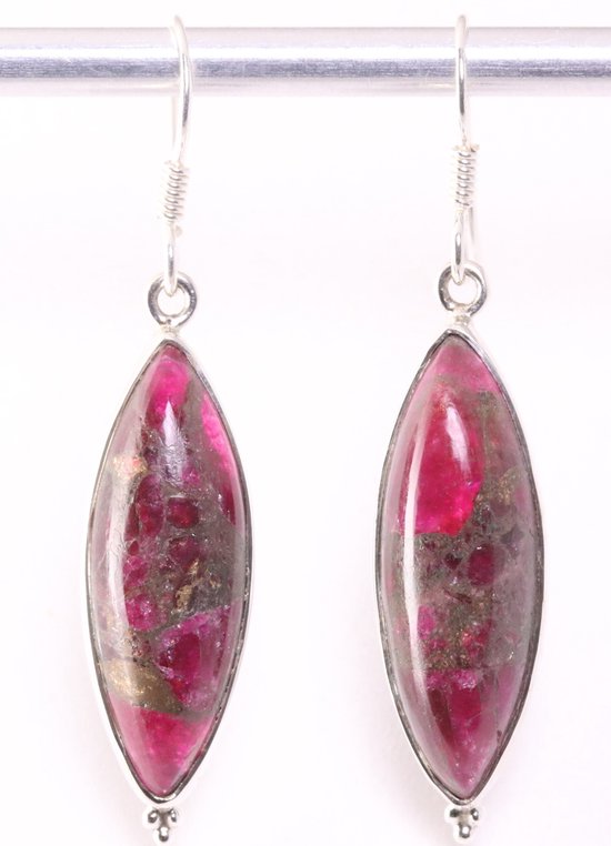 Lange zilveren oorbellen met rode koperturkoois afbeelding 1