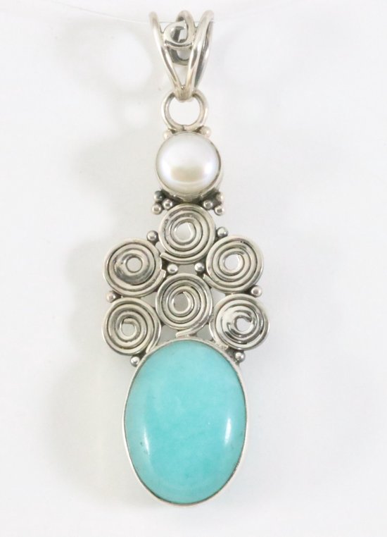 Bewerkte zilveren hanger met amazoniet en parel afbeelding 1