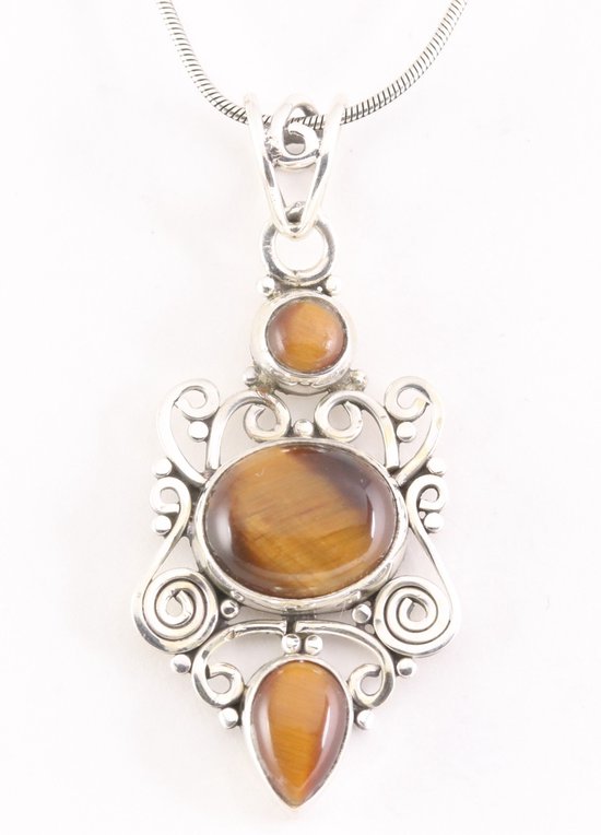 Opengewerkte zilveren hanger met tijgeroog aan ketting afbeelding 1