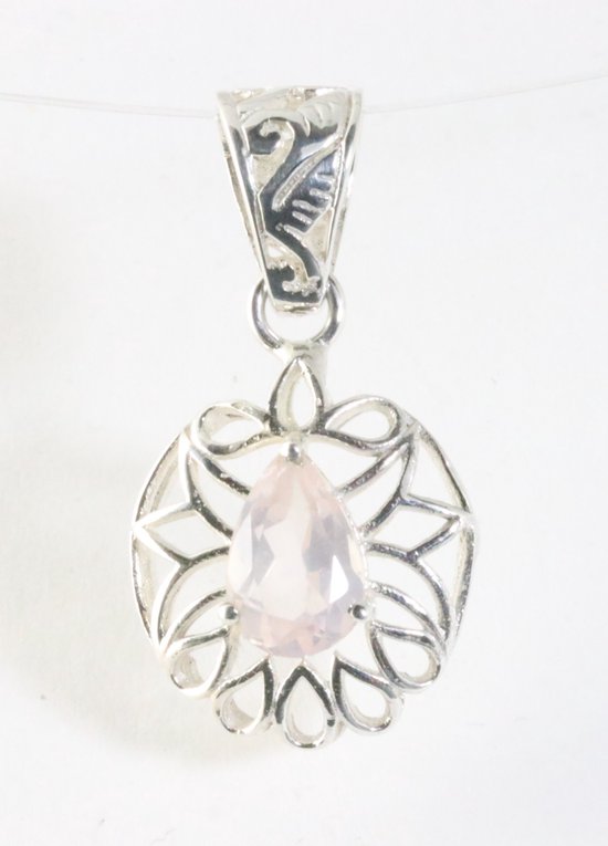 Fijne opengewerkte zilveren hanger met rozenkwarts afbeelding 1