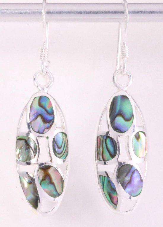 Lange opengewerkte zilveren oorbellen met abalone schelp afbeelding 1