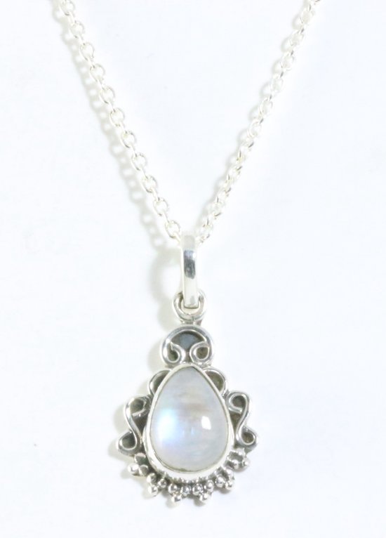 Fijne bewerkte zilveren hanger met regenboog maansteen aan ketting afbeelding 1