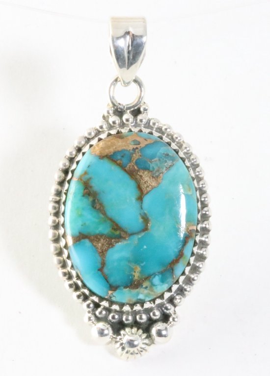 Bewerkte zilveren hanger met blauwe koperturkoois afbeelding 1