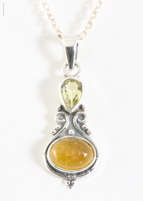 Fijne bewerkte zilveren hanger met amber en citrien aan ketting afbeelding 1