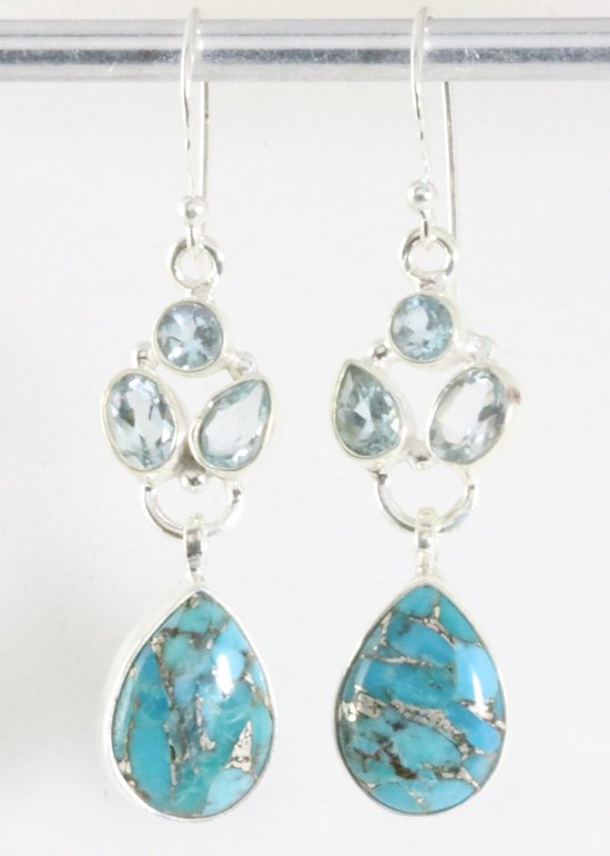 Zilveren oorbellen met blauwe koperturkoois en topaas afbeelding 1