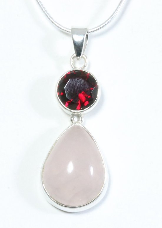 Zilveren hanger met rozenkwarts en granaat aan ketting afbeelding 1