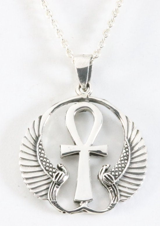 Bewerkte zilveren ankh hanger aan ketting afbeelding 1