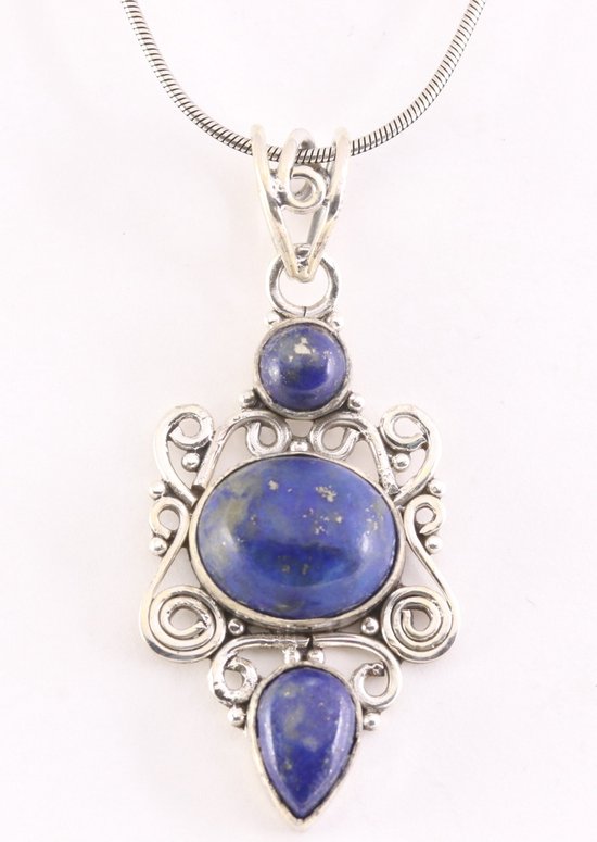 Opengewerkte zilveren hanger met lapis lazuli aan ketting afbeelding 1