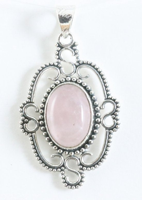 Opengewerkte zilveren hanger met rozenkwarts afbeelding 1