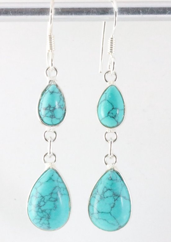 Fijne lange zilveren oorbellen met turkoois afbeelding 1