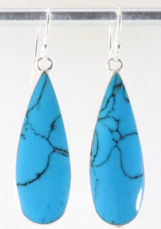 Lange druppelvormige zilveren oorbellen met blauwe turkoois afbeelding 1