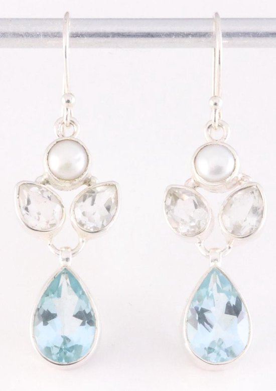 Zilveren oorbellen met blauwe en witte topaas en zoetwater parel afbeelding 1