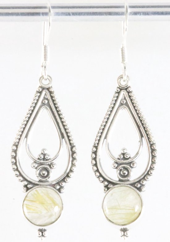 Lange opengewerkte zilveren oorbellen met gouden rutielkwarts afbeelding 1