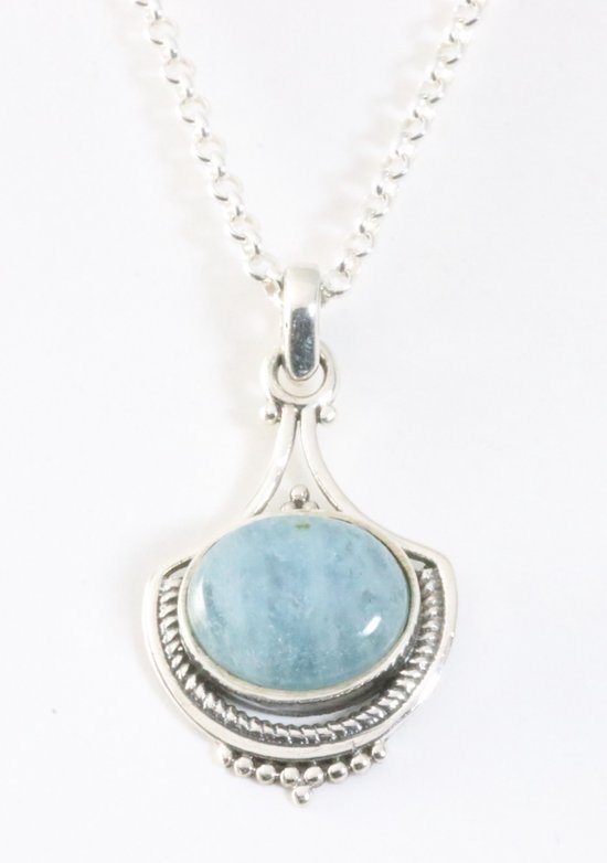 Bewerkte zilveren hanger met aquamarijn aan ketting afbeelding 1