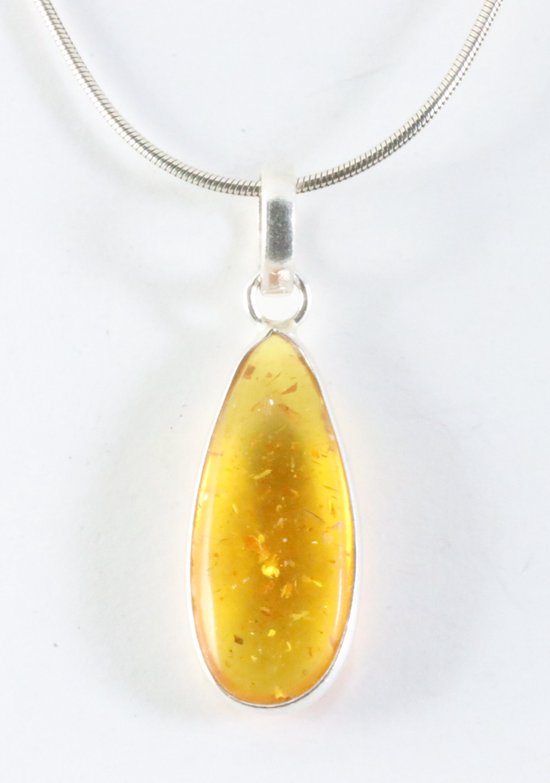 Lange druppelvormige zilveren hanger met amber aan ketting afbeelding 1