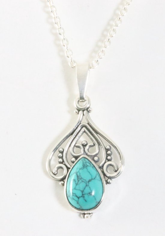 Fijne opengewerkte zilveren hanger met turkoois aan ketting afbeelding 1