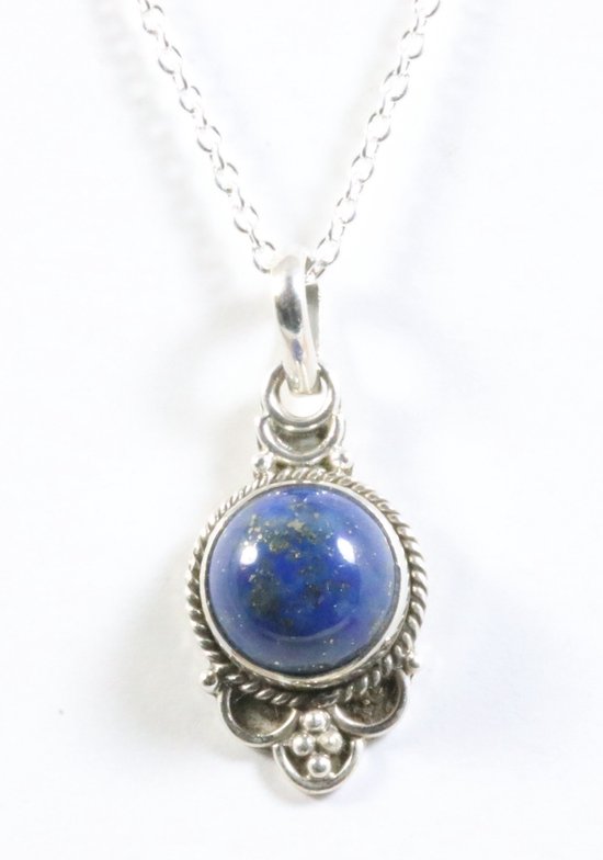 Fijne bewerkte zilveren hanger met lapis lazuli aan ketting afbeelding 1